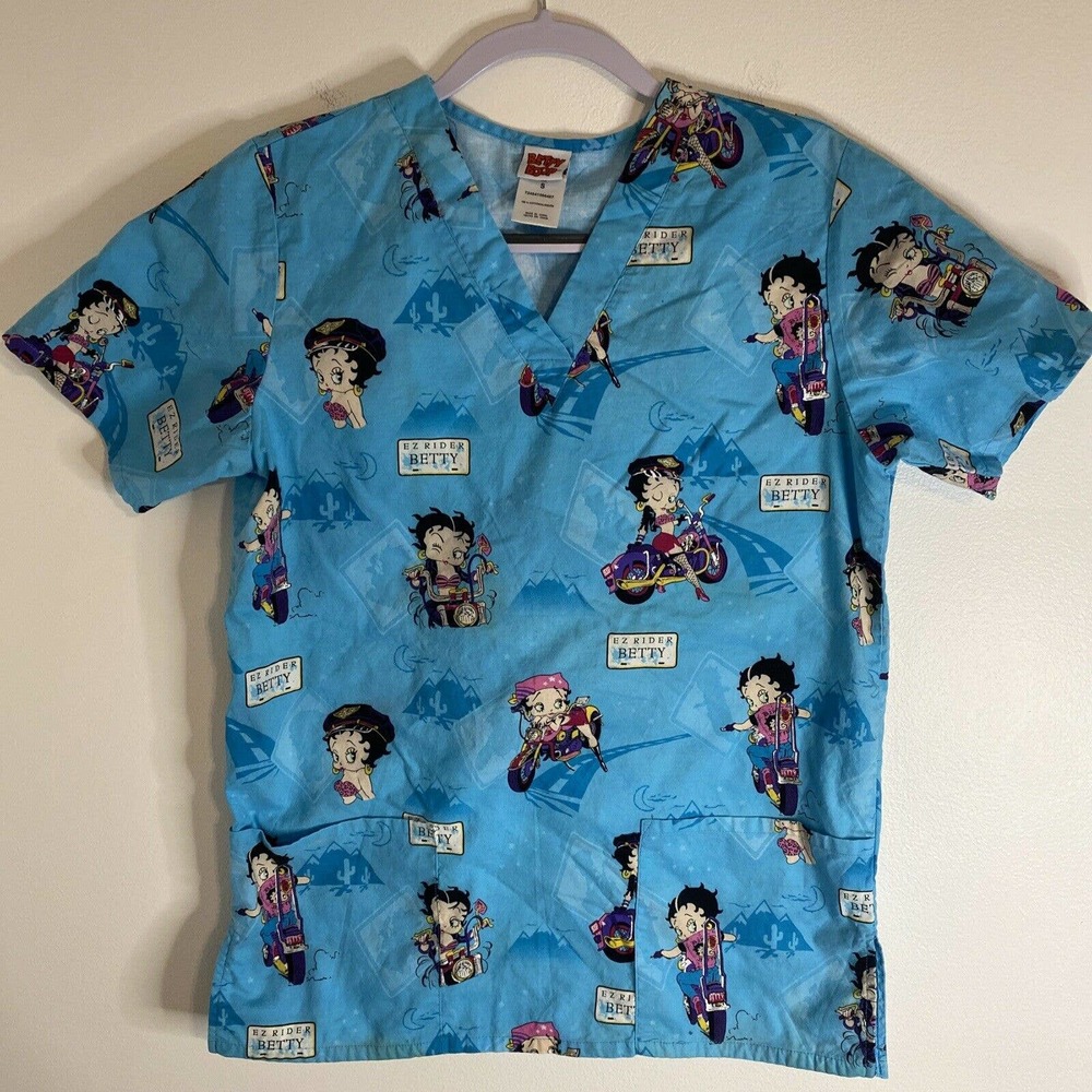 Betty Boop Scrub Top Medical Uniform Blue V-neck Small